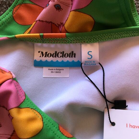 ModClothxMarisol Muro Green Petals Cat Faces Sara High-Waisted Bikini Bottom SM - Picture 6 of 10